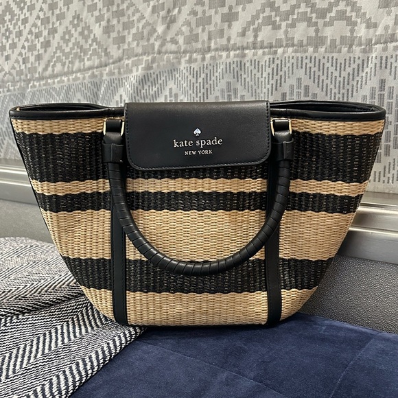 Kate Spade New York Cruise Medium Tote Bag Black & Tan Straw w/ Leather Trim - Picture 2 of 13
